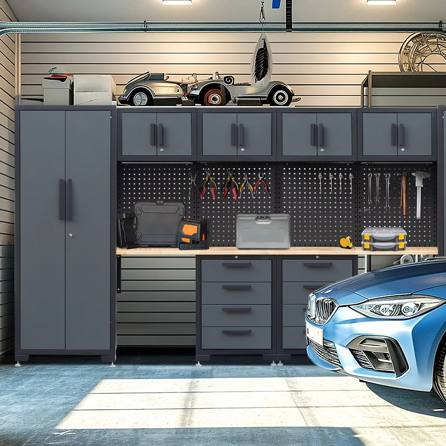 HPDMC 7-Piece Metal Garage Cabinet System With 4-Drawer Roller Cabinet, 47.2 in Workbench And Pegboards - Image 21 HPDMC 7-Piece Metal Garage Cabinet System With 4-Drawer Roller Cabinet, 47.2 in Workbench And Pegboards - Image 21