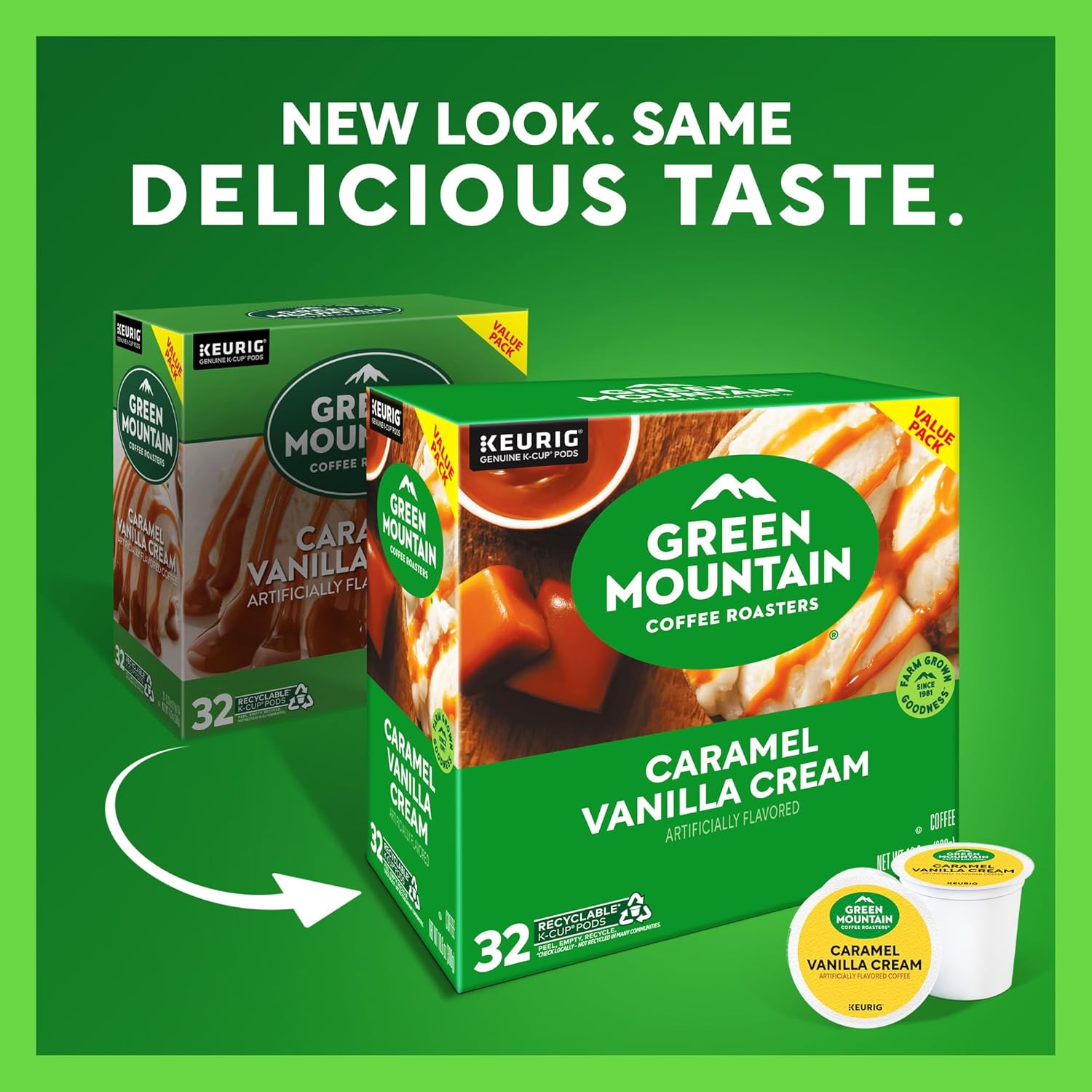 Green Mountain Coffee Roasters Caramel Vanilla Cream. Single-Serve Keurig K-Cup Pods. Flavored Light Roast Coffee Pods. 32 Count