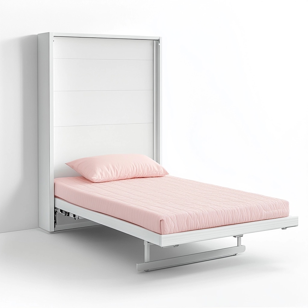 Cama abatible blanca individual de madera para ahorro de espacio
