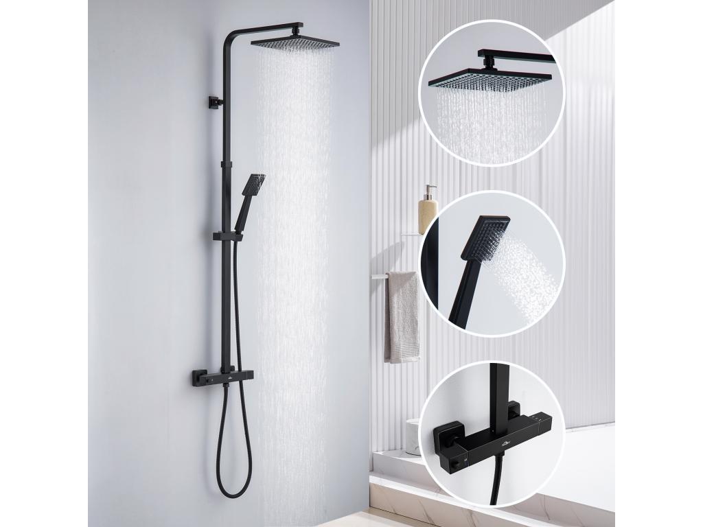 Columna Ducha Termostática Negro,Altura Ajustable Conjunto Ducha con 2 Funciones con MezcladorTermostático,SistemaDucha Lluvia Cuarto Baño,Modelo UE