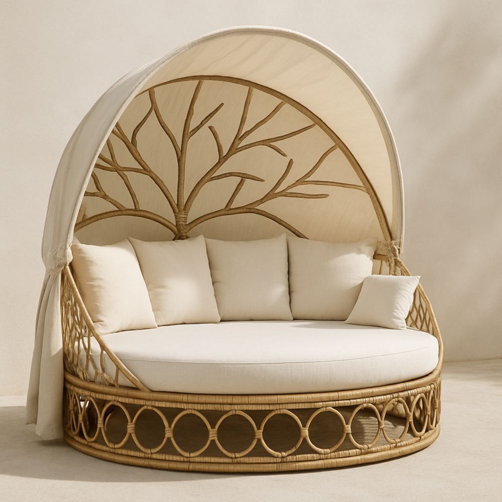 Sofá cama redondo con capota beige de ratán y poliéster, 180 cm de diámetro