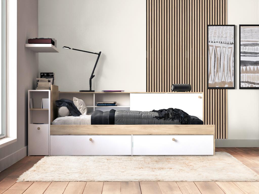 Cama 90 x 190/200 cm con almacenamiento - Lujodec y natural + Somier + Colchón - LIARA