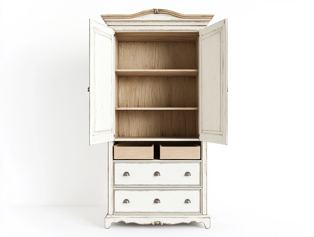 Armario de madera vintage con estantes y cajones para dormitorio y salón de 180x90x45 cm en color blanco envejecido