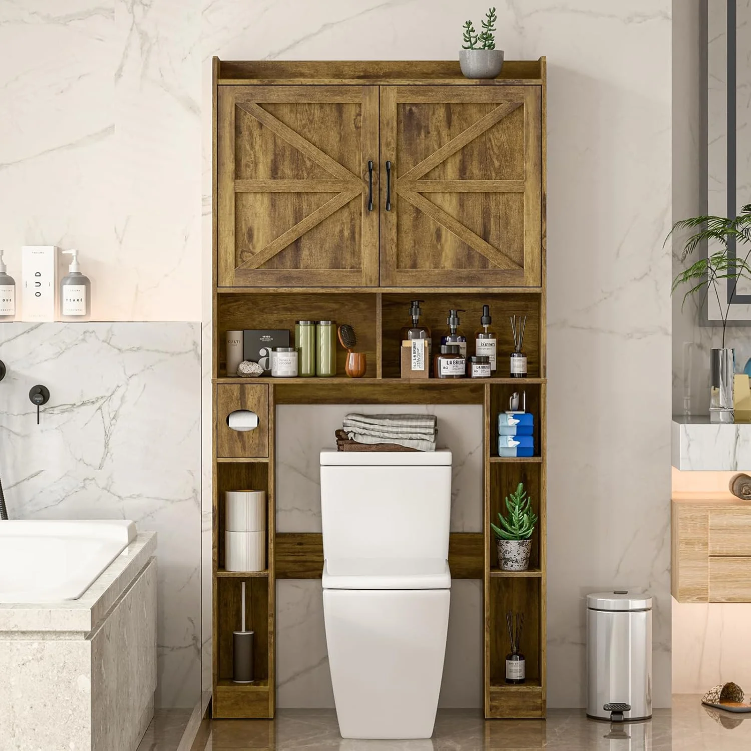 Vabches Over The Toilet Storage Cabinet with Toilet Paper Holder Stand, Above Toilet with Adjustable Shelf & 2 Doors - Image 25
