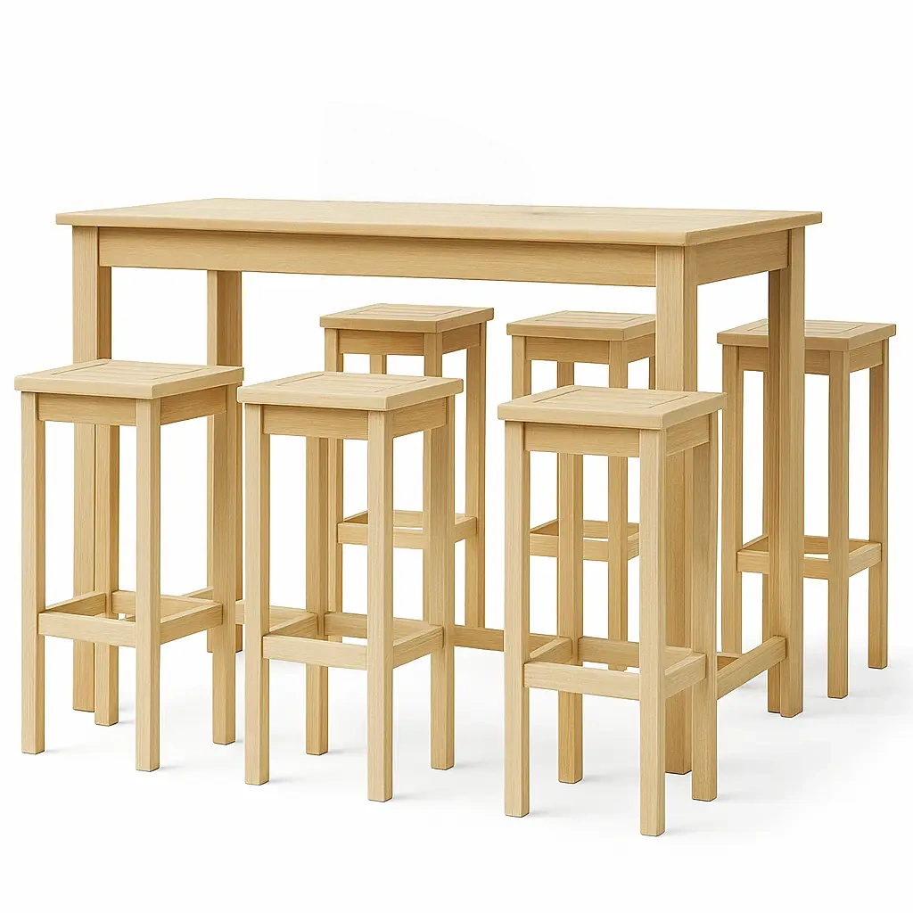 Bar de jardín, 1 mesa alta de comedor de madera con 6 sillas altas, colores naturales.