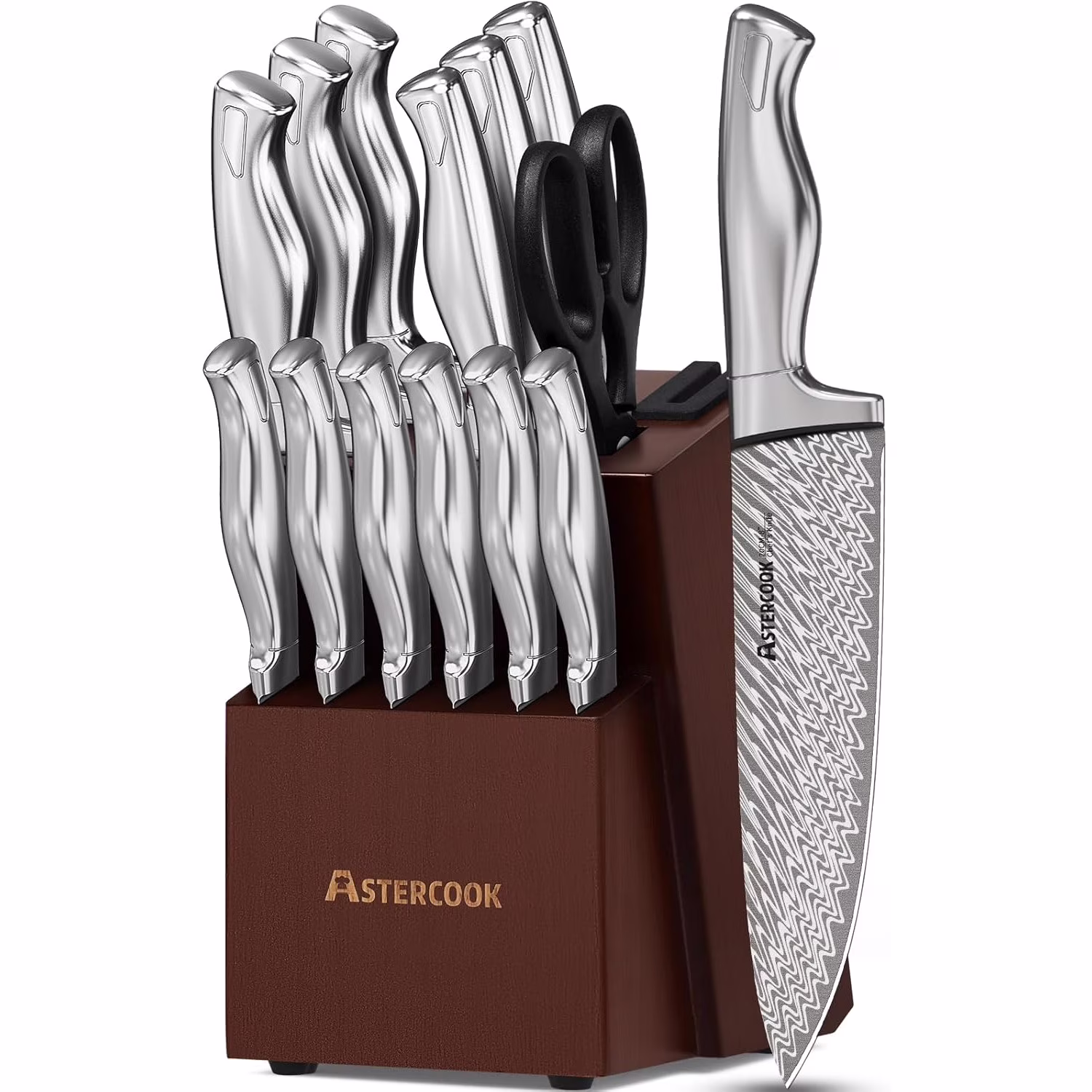 15 - Piece Kitchen Knife Set with Block, Built - in Knife Sharpener, German Stainless Steel Knife Block Set, Dishwasher Safe