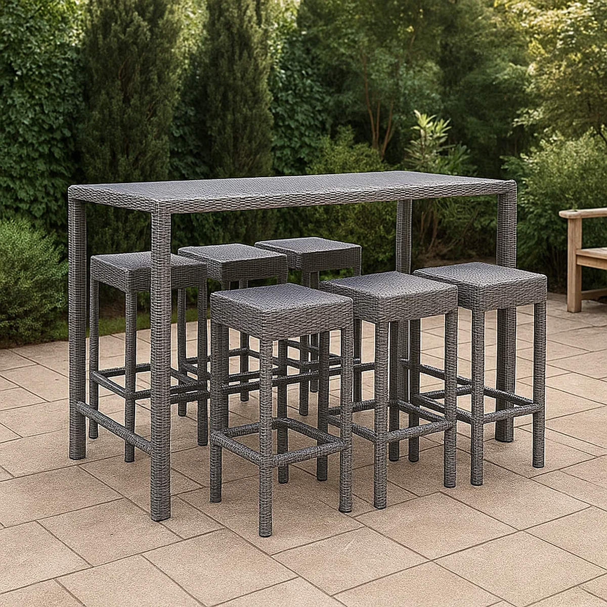 Conjunto de bar para jardín 7 pzas ratán sintético gris – mesa alta y 6 taburetes