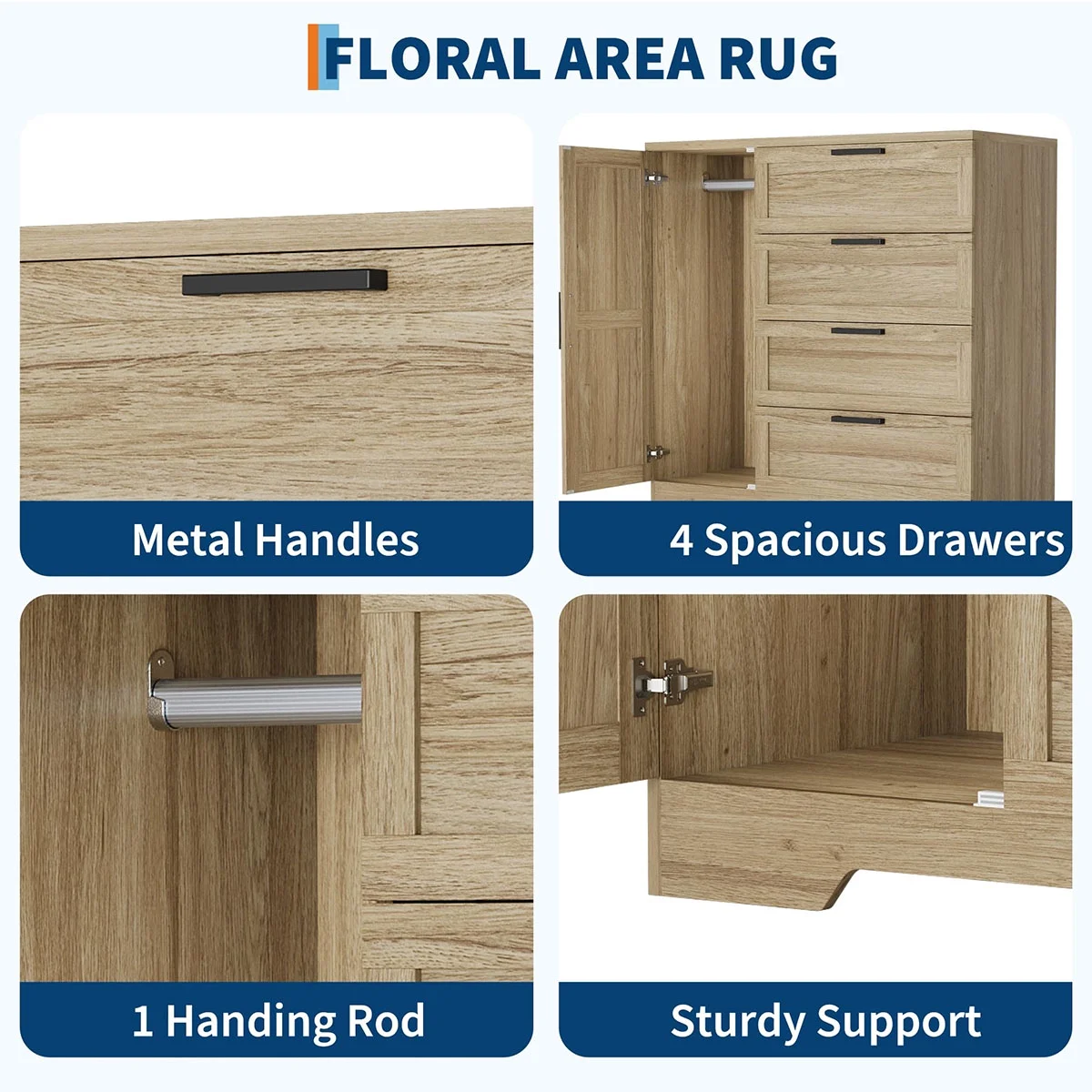 Ataucjin Wood Armoire Wardrobe Closet with 4 Drawers and Door, 43.3" H Bedroom Wardrobe Cabinet with Hanging Rod, Clothing Storage Cabinets, 4 Drawers Dresser with Storage Closet - Image 7
