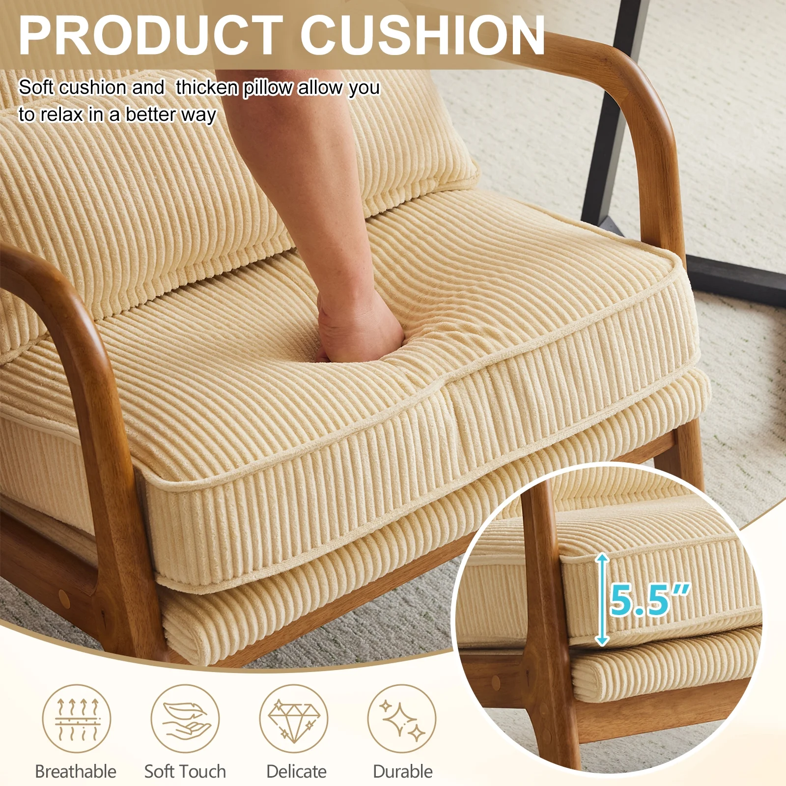 Ktaxon Accent Chair Corduroy Upholstered Armchair, Reading Club Chair with Pillow and Solid Wood Frame for Living Room Bedroom Furniture Off White - Image 64