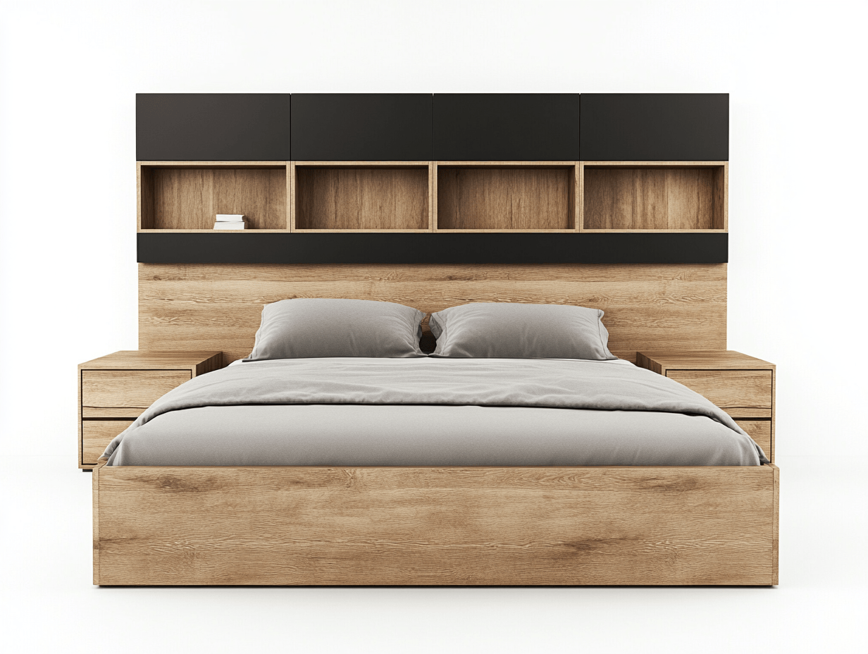 Cama doble rectangular ensamblable de madera con cabecero alto con armarios superiores y mesitas integradas en roble y negro 160x200x215cm