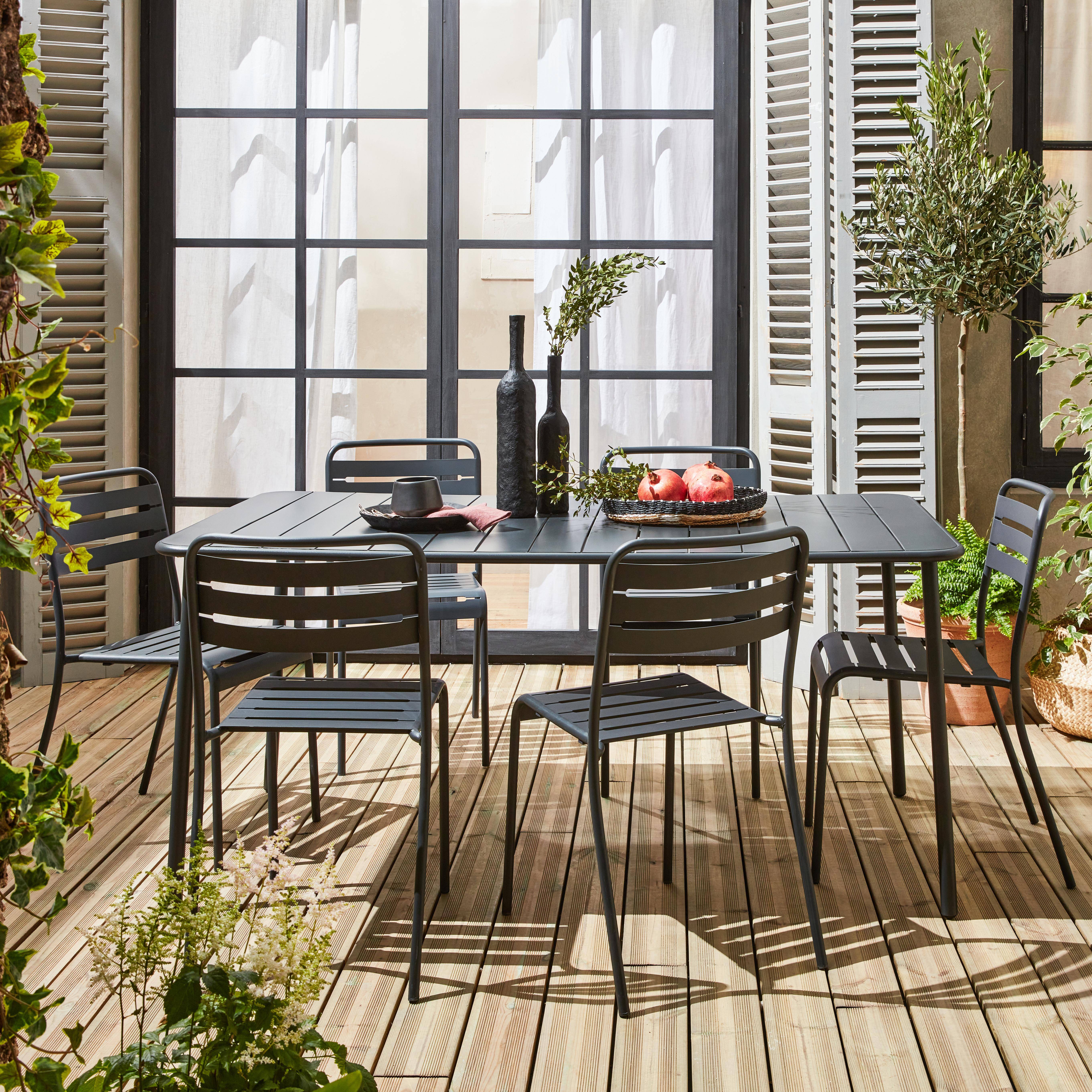 Amelia - Set mesa de jardín bistró de acero con 6 sillas, 160cm