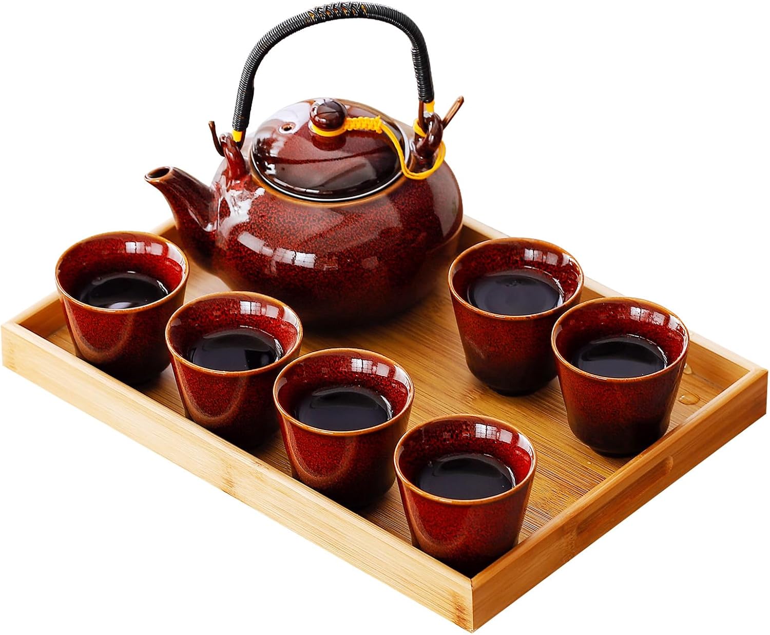 Traditional Japanese tea set, Kiln altered glaze Porcelain tea set with 1 Teapot, 6 Tea cups, 1 Tea Tray,Japanese teapot set, Asian tea sets (Kiln altered-Green)