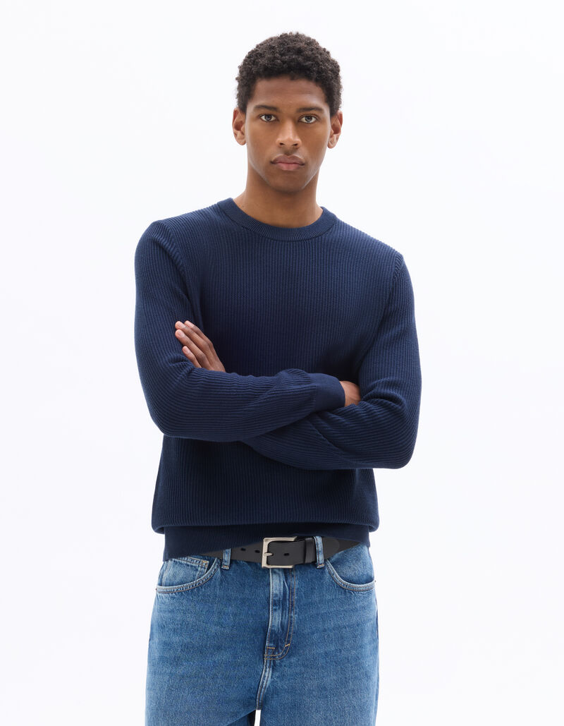 Dark Green Herringbone 100% Cotton Crew Neck Sweater