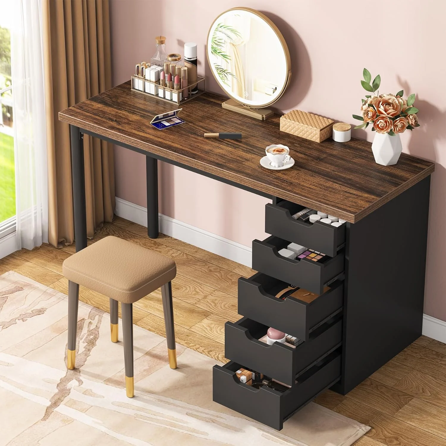Tribesigns 47 inches Vanity Desk with 5 Drawers, Rustic Makeup Dressing Table with Storage, Modern Simple Computer Desk for Women, Girls (Brown) - Image 16