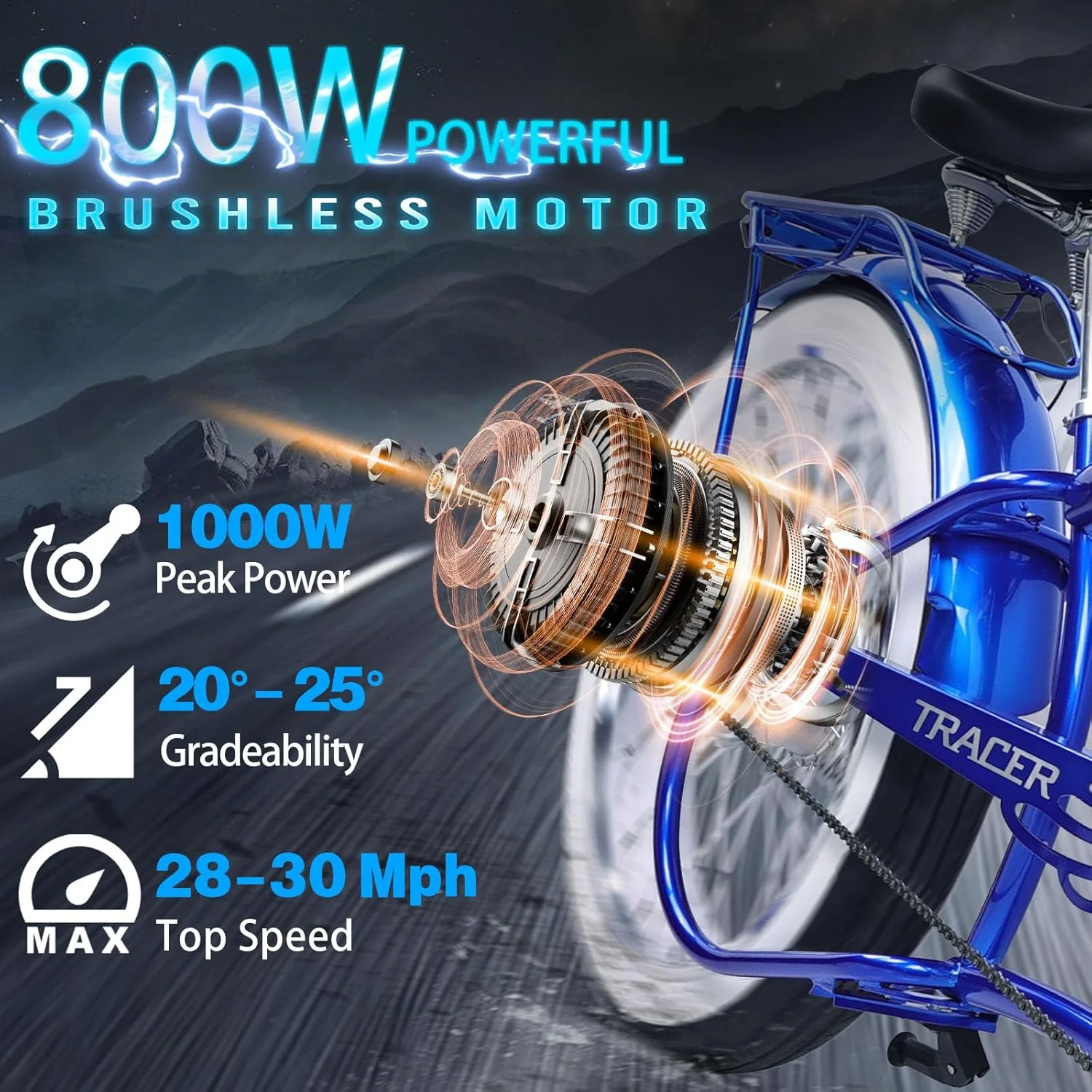 Twenty5 GT 800W Chopper Stretch Cruiser Ebike, 26" Wheels, Supsension Triple Tree Fork, White Wall Tire, Disc Brake, for Men, Blue - Image 4