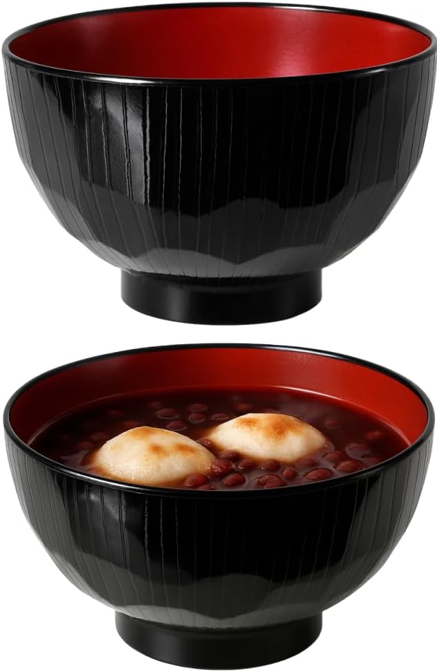 2-Pack Japanese Soup Bowls, Traditional Miso & Rice Bowls, Microwave & Dishwasher Safe, Made in Japan, Black/Red