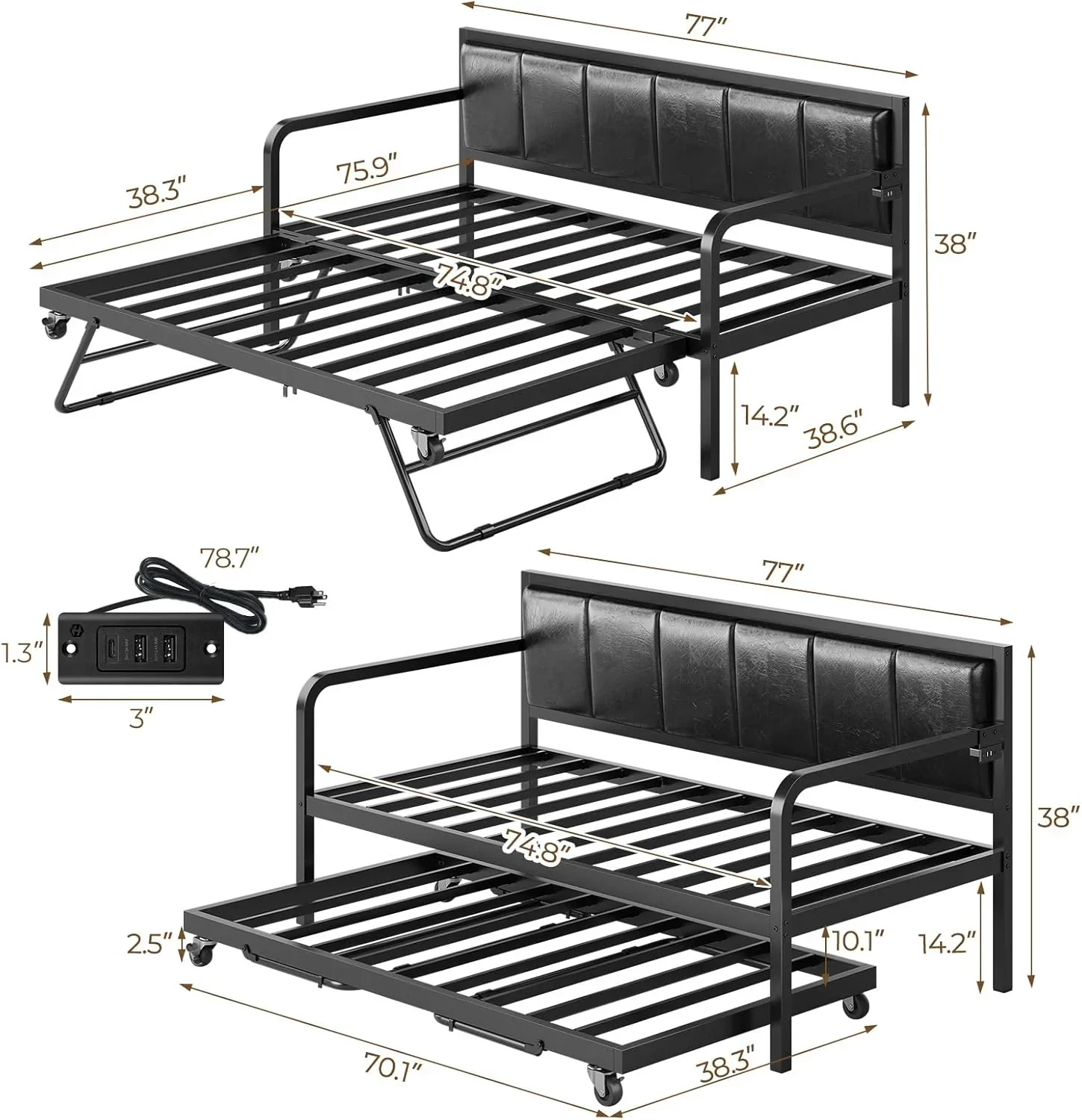Rolanstar Daybed with Charging Station and LED Lights Height Adjustable Twin Daybed