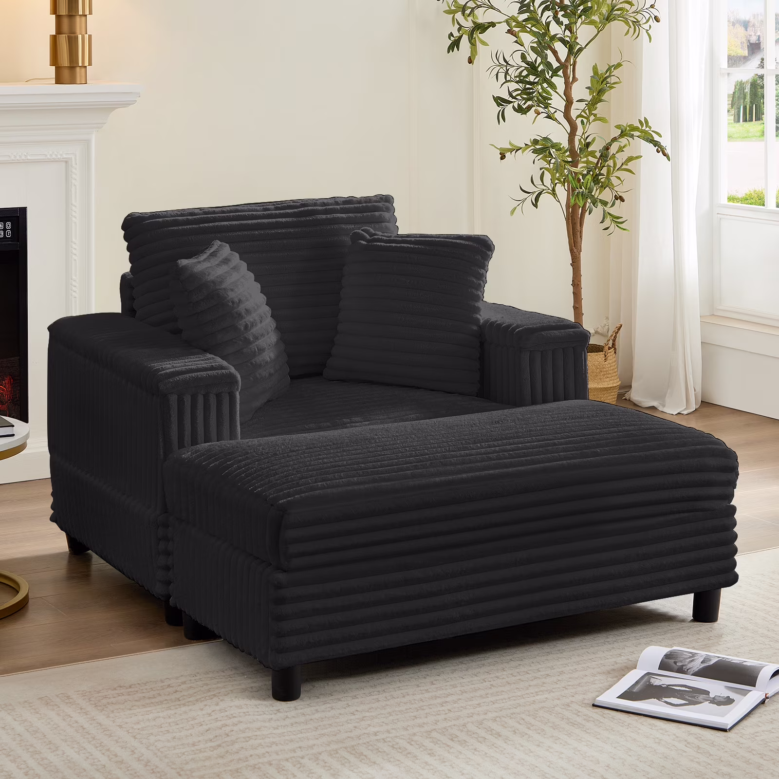 ZAFLY 44" Modern Corduroy Accent Armchair with Storage Ottoman for Living Room, Black(Beige)