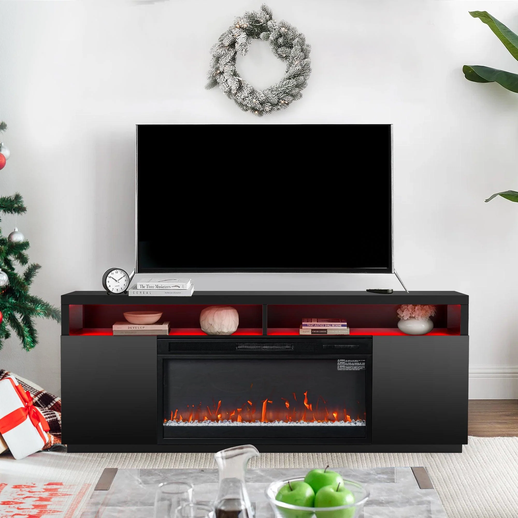 WAYFAIR Modern 68 LED TV Stand With 36 Insert Opening Electric Fireplace For Living Room In Black Or White