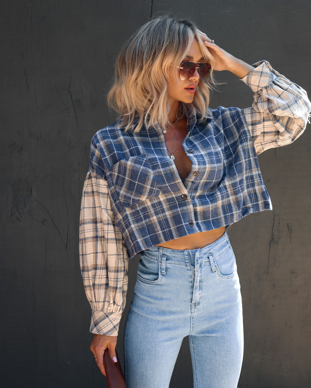 Missing Piece Plaid Colorblock Button Down Top - Se7enfashion