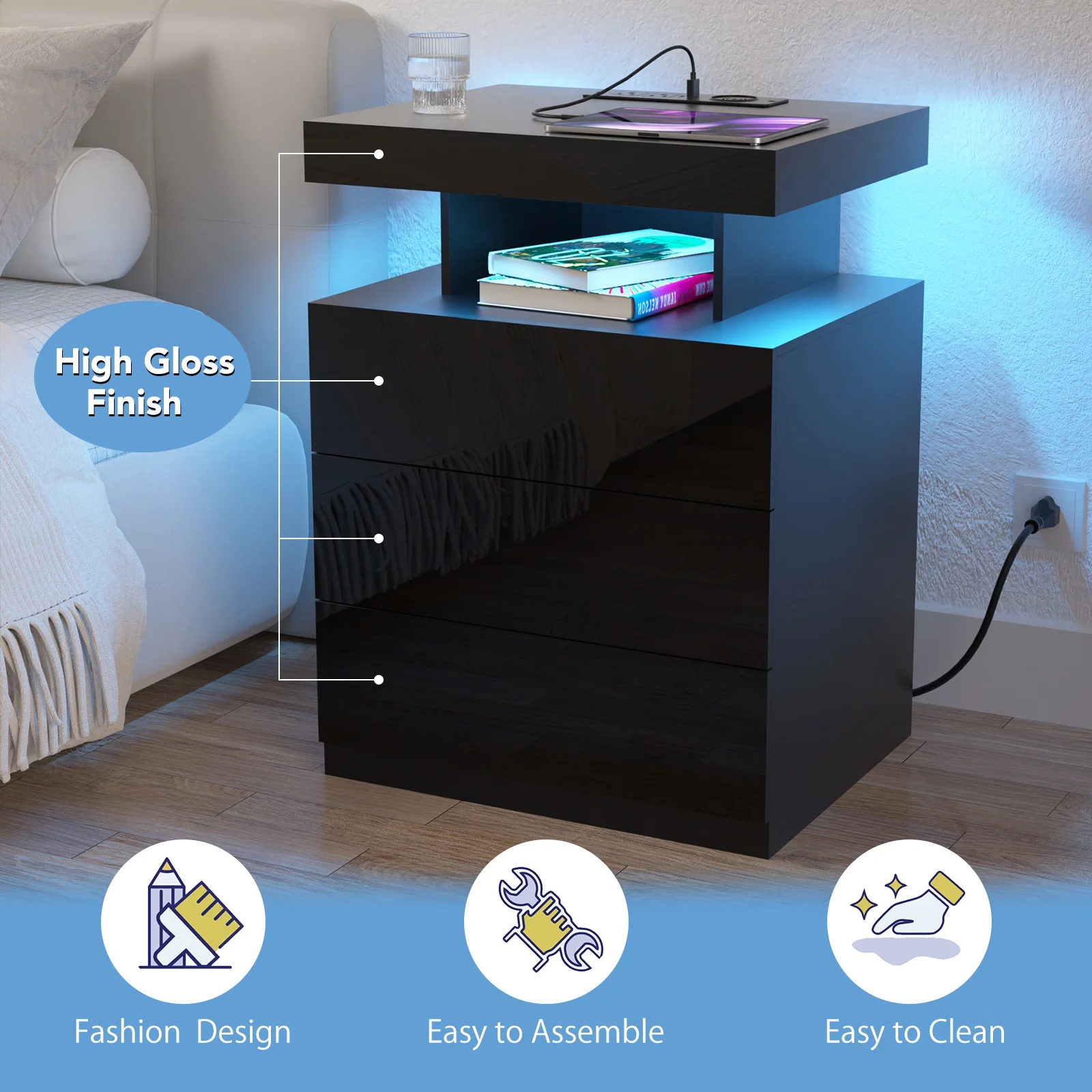 Hommpa LED Nightstand Wireless Charging Station USB Type C Outlets Bedside Table 3 Drawers Black Night Table Modern Smart Nightstand High Gloss End Side Table for Bedroom Furniture 26.8" Tall - Image 9