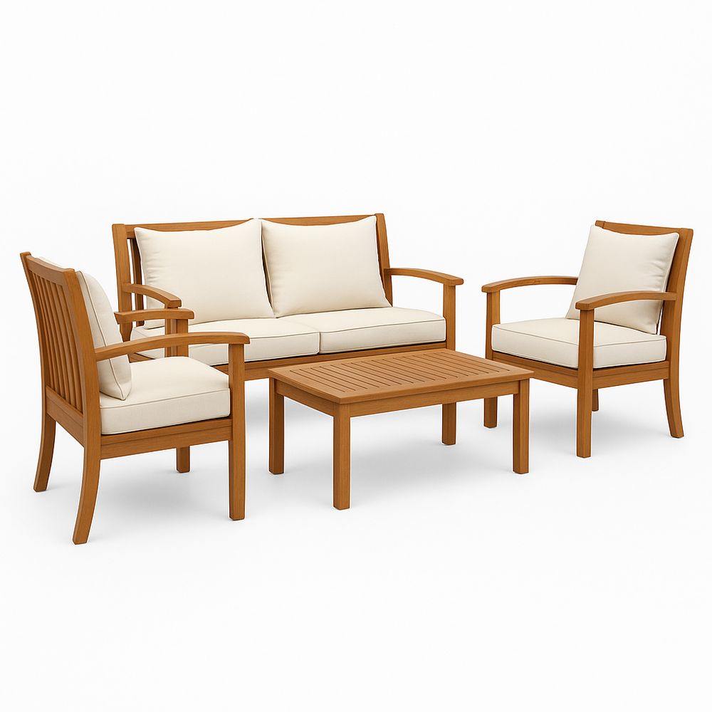 Juego de Sofá de Jardín de Madera, Estilo Clásico, Mesa y Sillones, Color Natural, Ideal para Exteriores