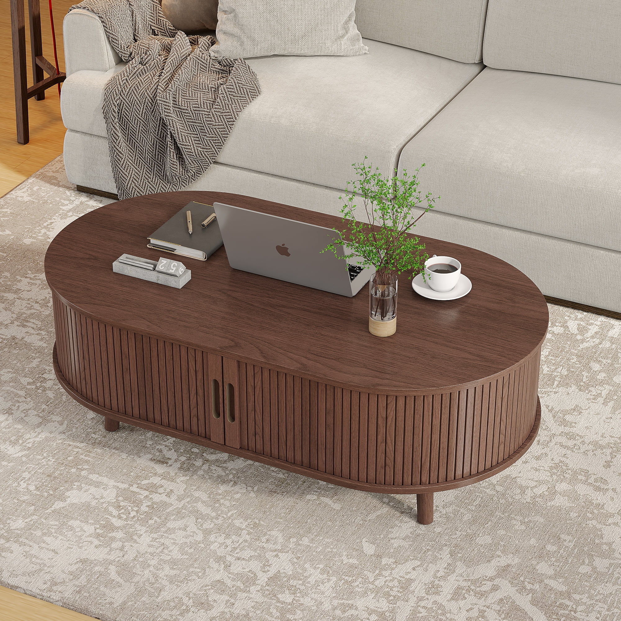 Oval Coffee Table, 42.5" Drum Coffee Table with Sliding Tambour Door, Fluted Accent Center Table with Storage, Mid Century Modern Coffee Table for Living Room, Center Table Walnut - Image 2