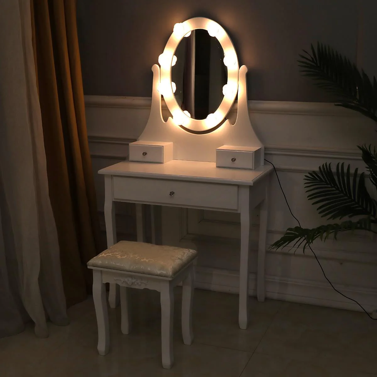 Ktaxon Makeup Vanity Table Set Mirror with LED Lights Dressing Table and Stool Set,Bedroom Vanities Tables with Benches - Image 2