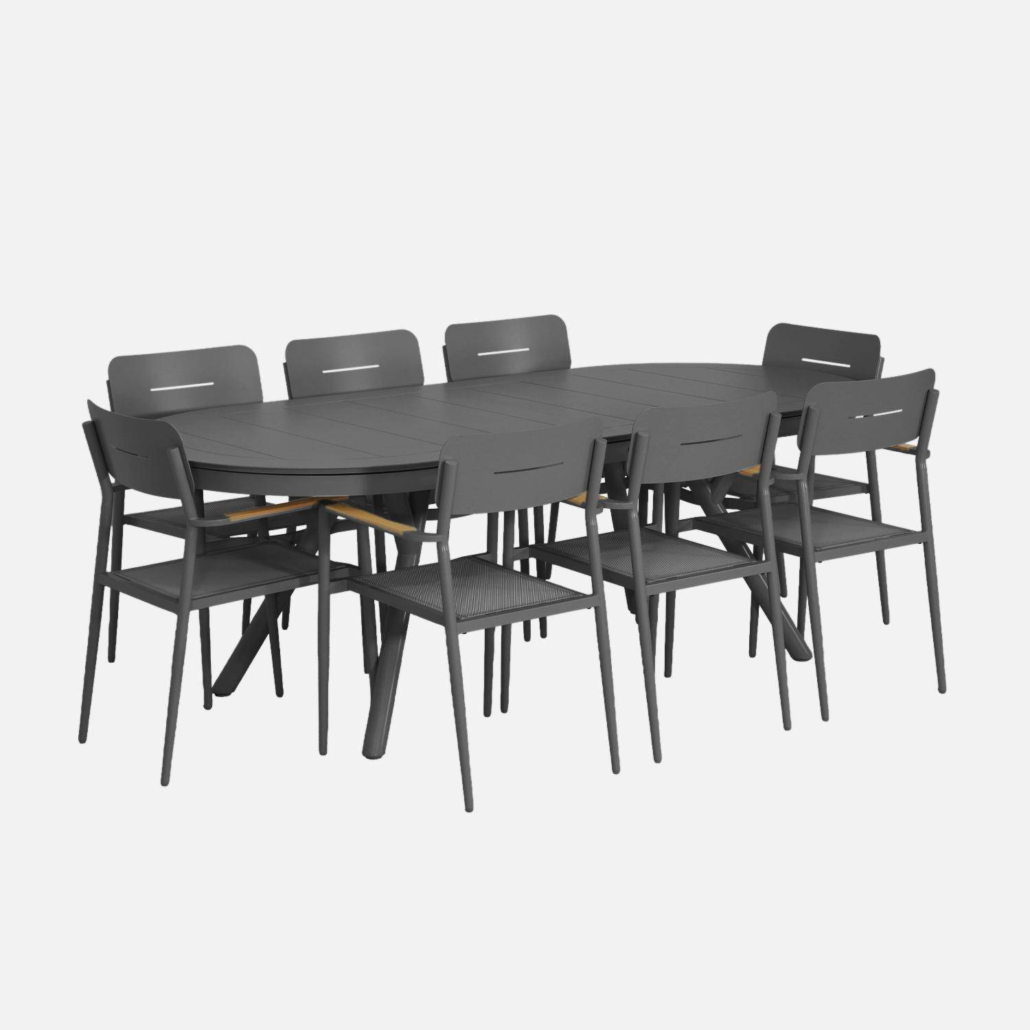 Metora + Fira - Conjunto mesa de jardín ovalada extensible de aluminio con 8 sillas