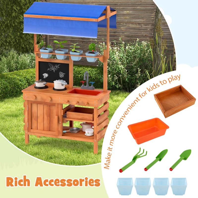 Eletriclife Wooden Pretend Play Kitchen with Height Adjustable Canopy