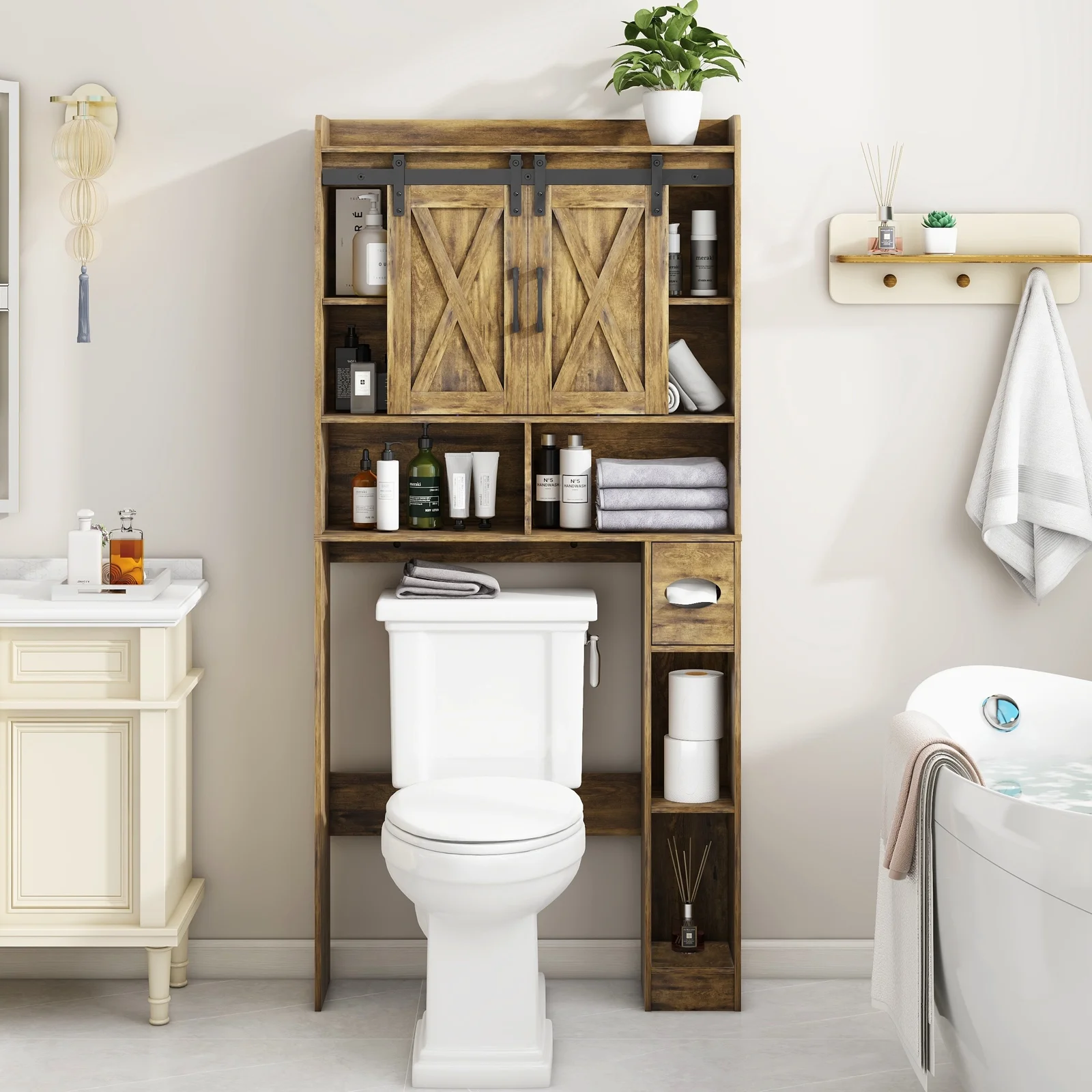 Over The Toilet Storage Cabinet, Farmhouse Storage Cabinet Over Toilet with Sliding Doors-Home Space-Saving Toilet Rack, for Bathroom, Restroom, Laundry - Image 23