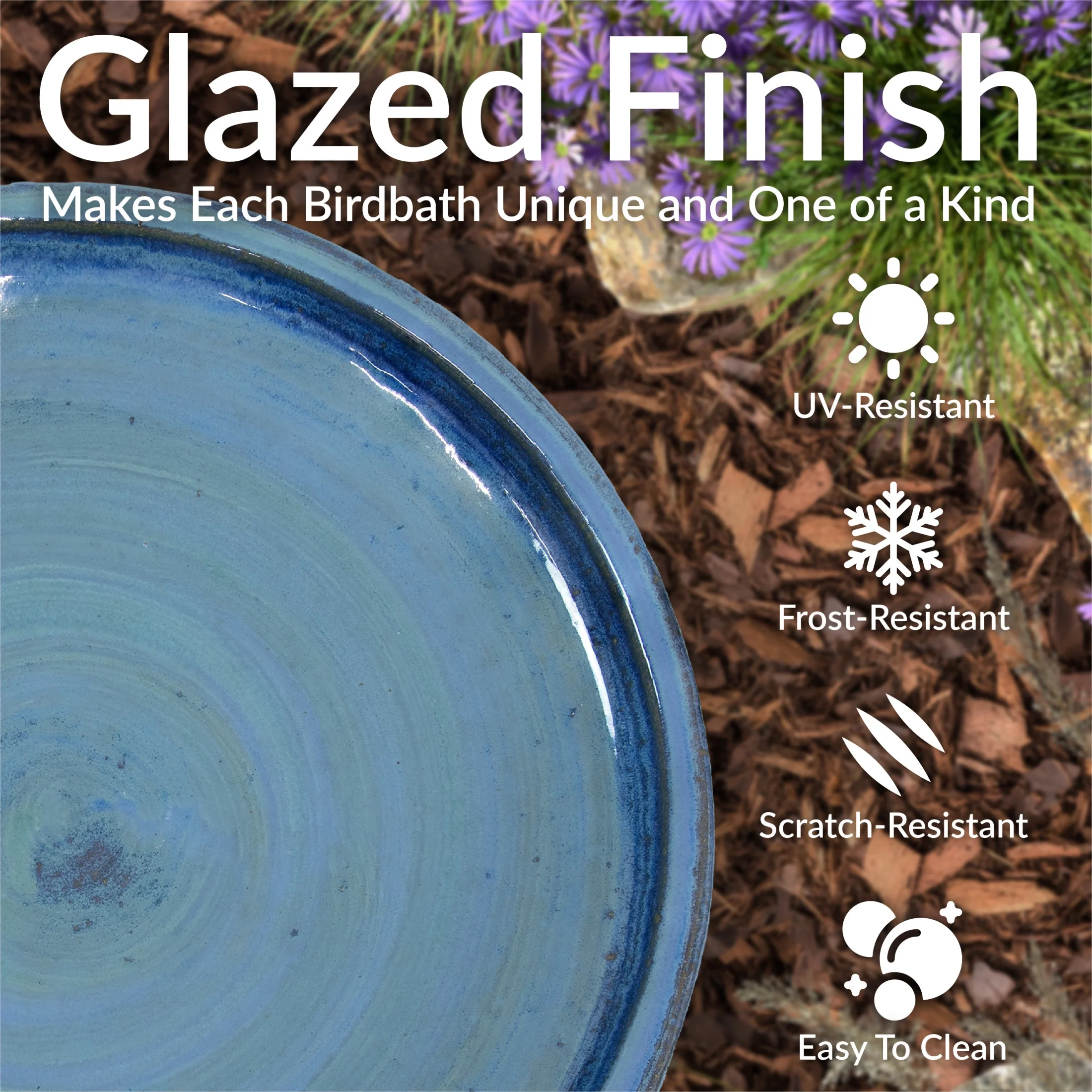 Sunnydaze Freestanding Ceramic Outdoor Bird Bath, Glazed, UV-Resistant Galaxy Blue Finish - Image 17