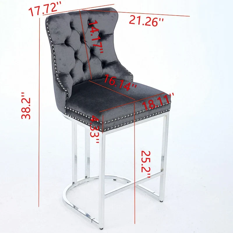 Contemporary Set of 2 Bar Stools with Button-Tufted Back and Studded Trim, Chrome Metal Base - Ideal for Dining Room, Living Room, and Bedroom