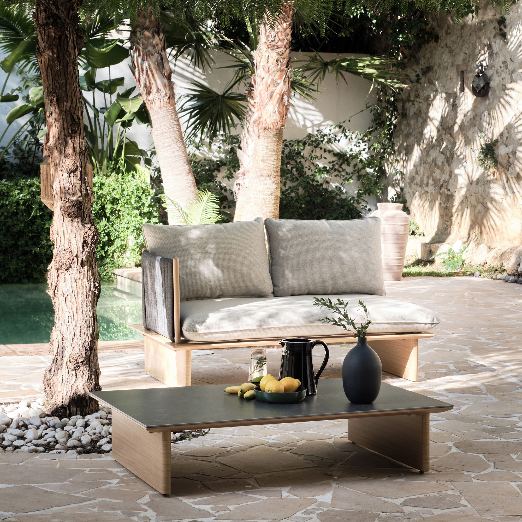 PORTO CERVO - Salon de jardin en aluminium, céramique et corde - bois clair (2 places)
