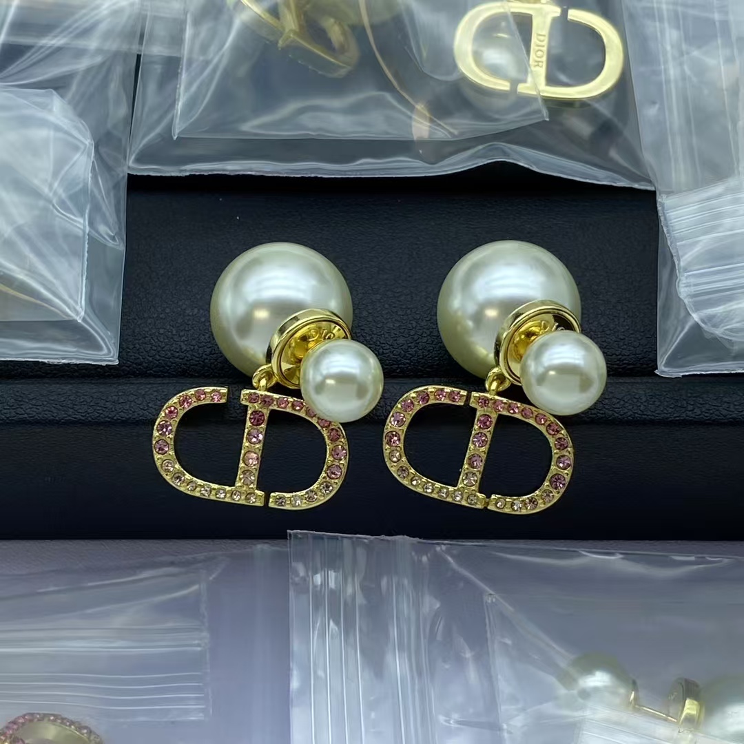 Dior Multi Color Diamond Paved CD Pearl Earrings - Original Replica Club