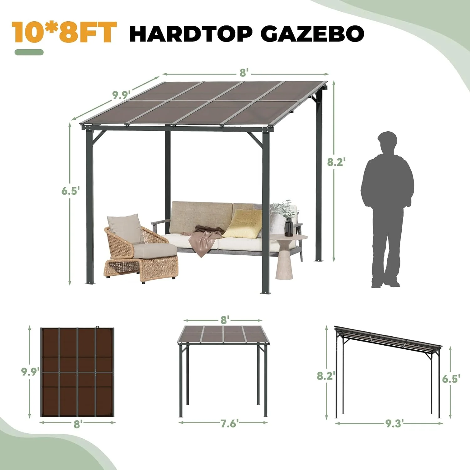 10x8 Pergola Patio Gazebo, Hardtop Outdoor Gazebo with Roof for Backyard, Decks, Garden - Image 3