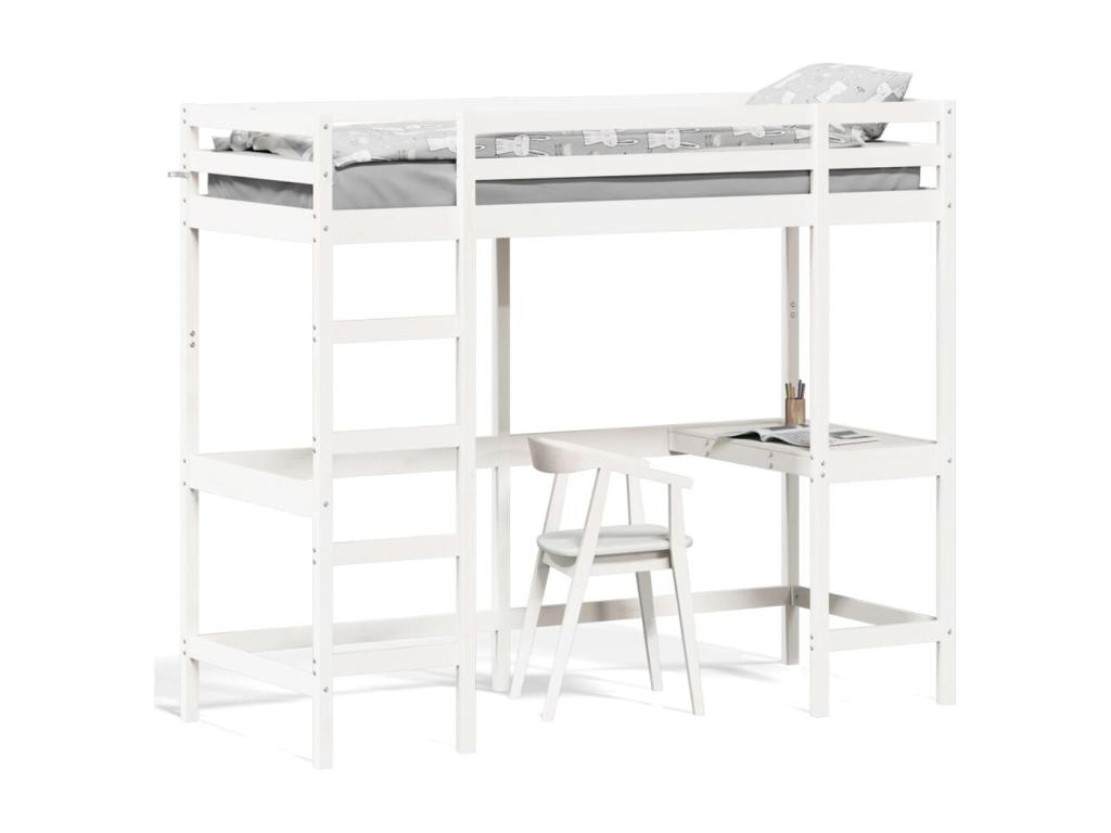 Cama alta con escritorio madera maciza pino blanca 75x190 cm