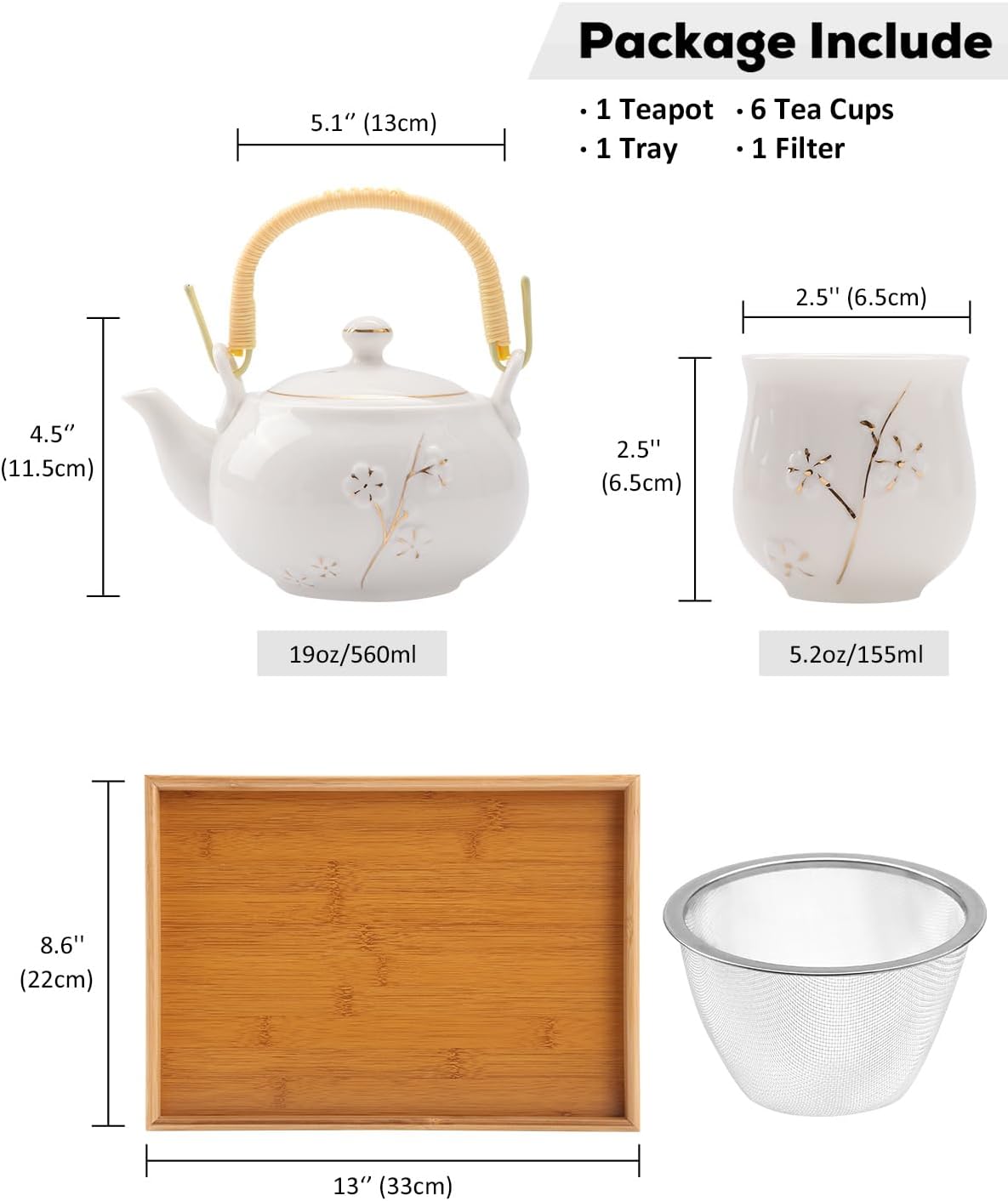 Dujust Japanese White Porcelain Tea Set - Teapot, 6 Tea Cups, Tray & Stainless Infuser - Plum in Golden