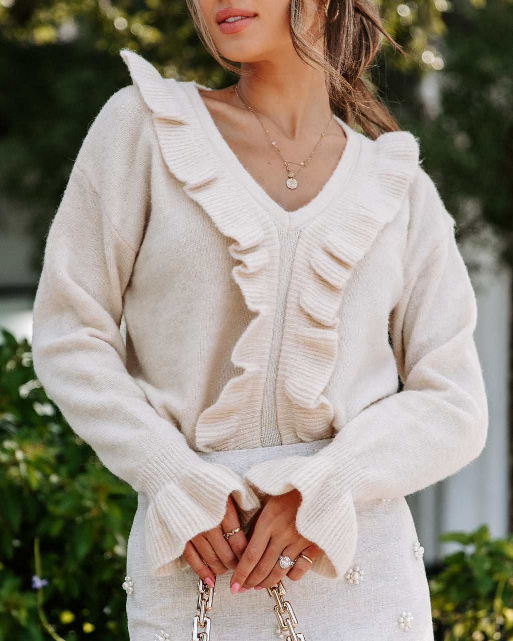 Annette Knit Ruffle Pullover Sweater - Ivory - Se7enfashion