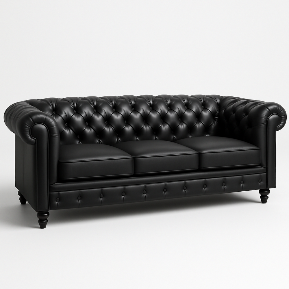 Sofá Chesterfield Clásico de Cuero Negro de 3 Plazas con Patas de Madera Maciza, 210x80x78 cm