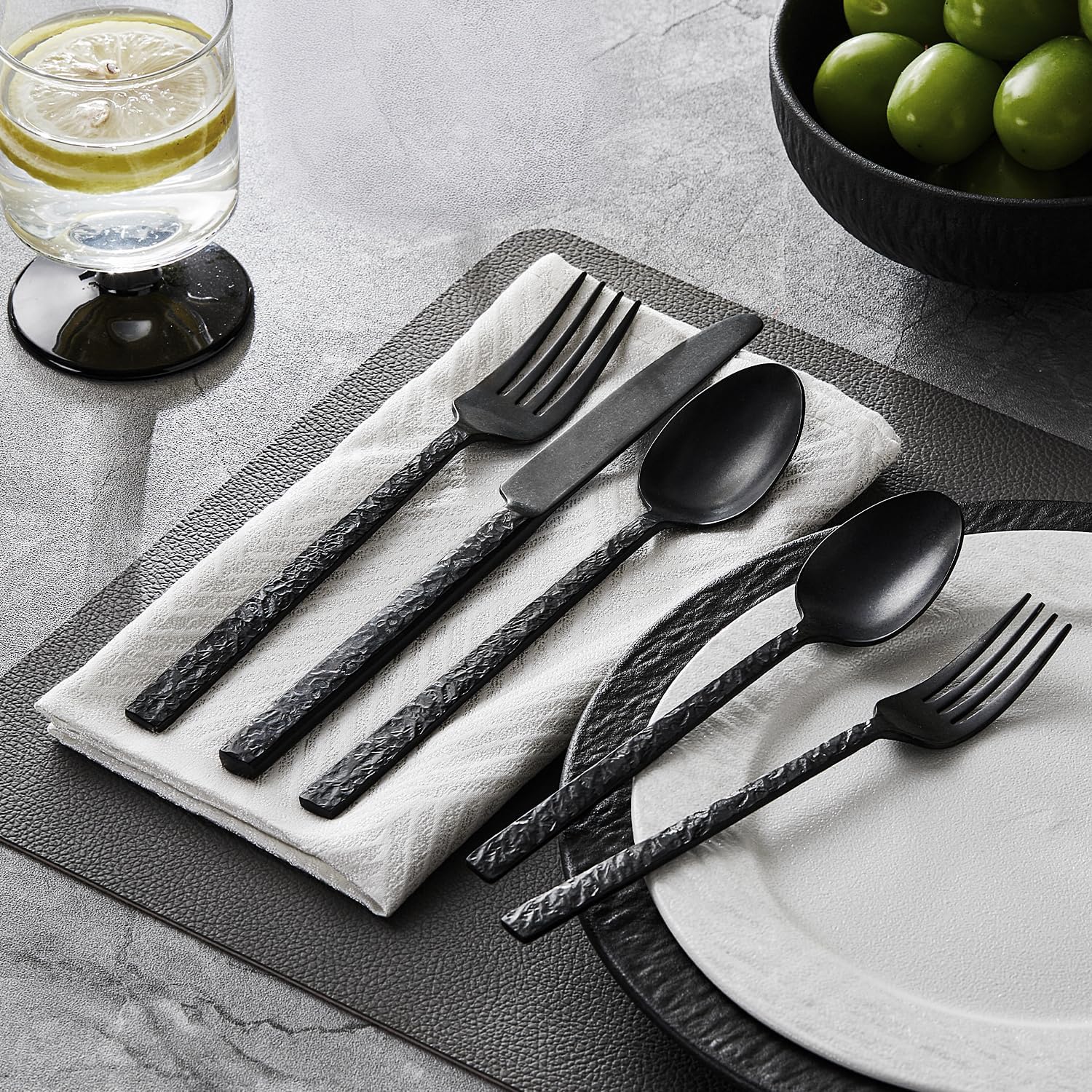 KINGSTONE 60 Pcs Black Hammered Silverware Set for 12, 18/10 Stainless Steel Heavy Duty Flatware Set, Tableware Cutlery Utensil Sets for Home Restaurant Dishwasher Safe