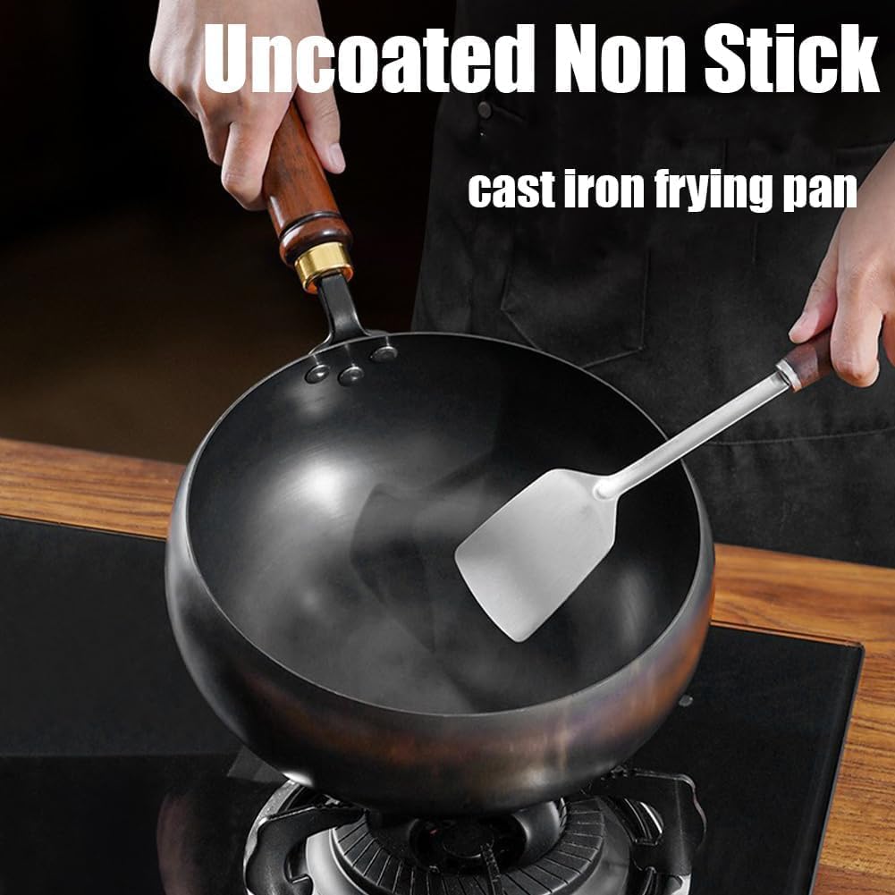 Japanese Cast Iron Cookware, 9.5/10.2/11in Uncoated Pure Iron Skillet with Lid, Multifunctional Non-Stick Cast Irons Wok with Lid, High Purity Irons Frying Pan for Cooking (24cm/9.45in)