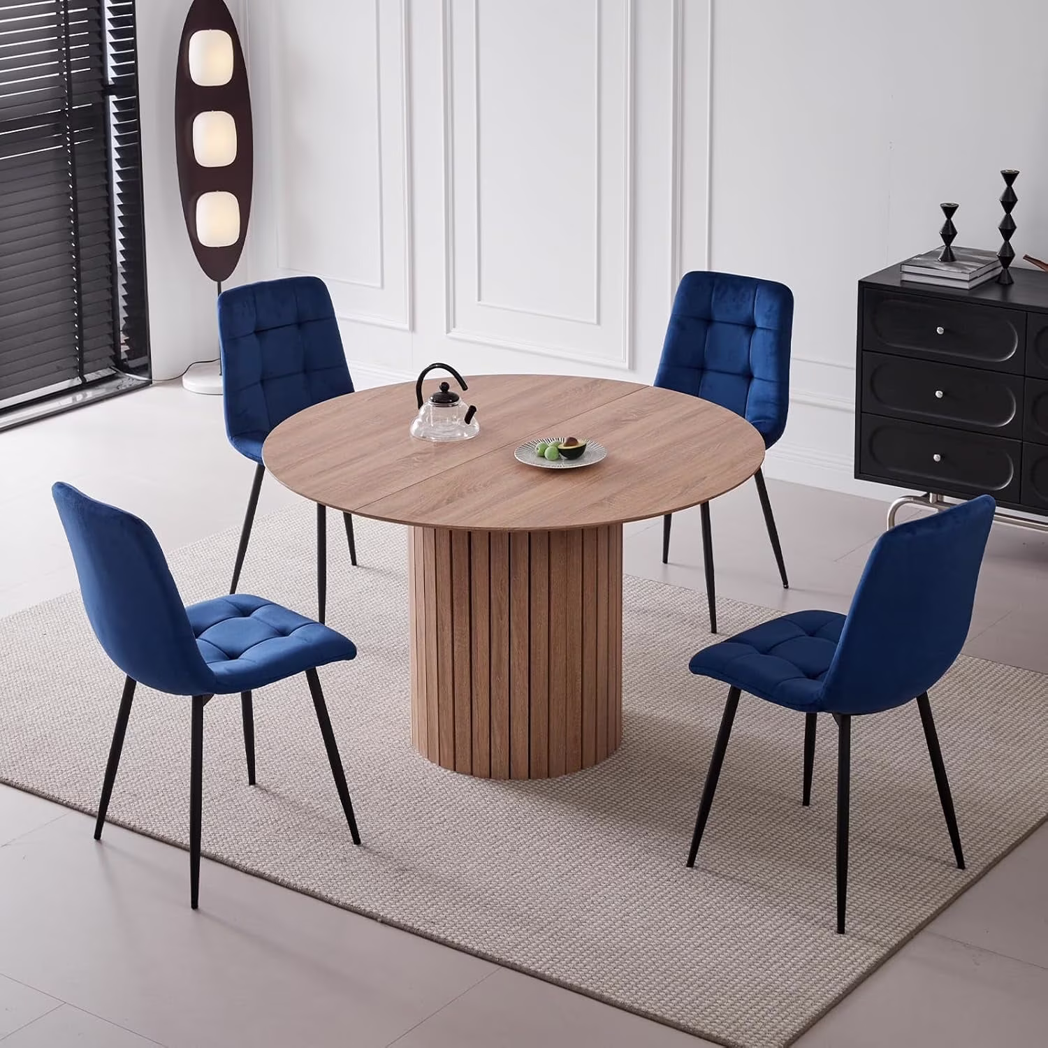 5 Piece Round Dining Table Set - Mid-Century 47 inch Oak Dining Table with 4 Brown Faux Leather Chairs Set, Dinner Table & Chair with Metal Legs for Kitchen Dining Room, Apartment, Bedroom - Image 9