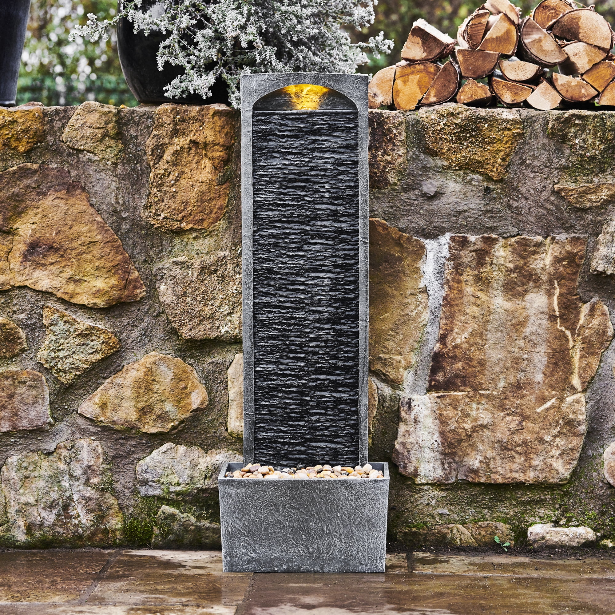 Teamson Home 38.5" Faux Slate Contemporary Outdoor LED Waterfall Fountain with Pebble Base, Red Rock - Image 17