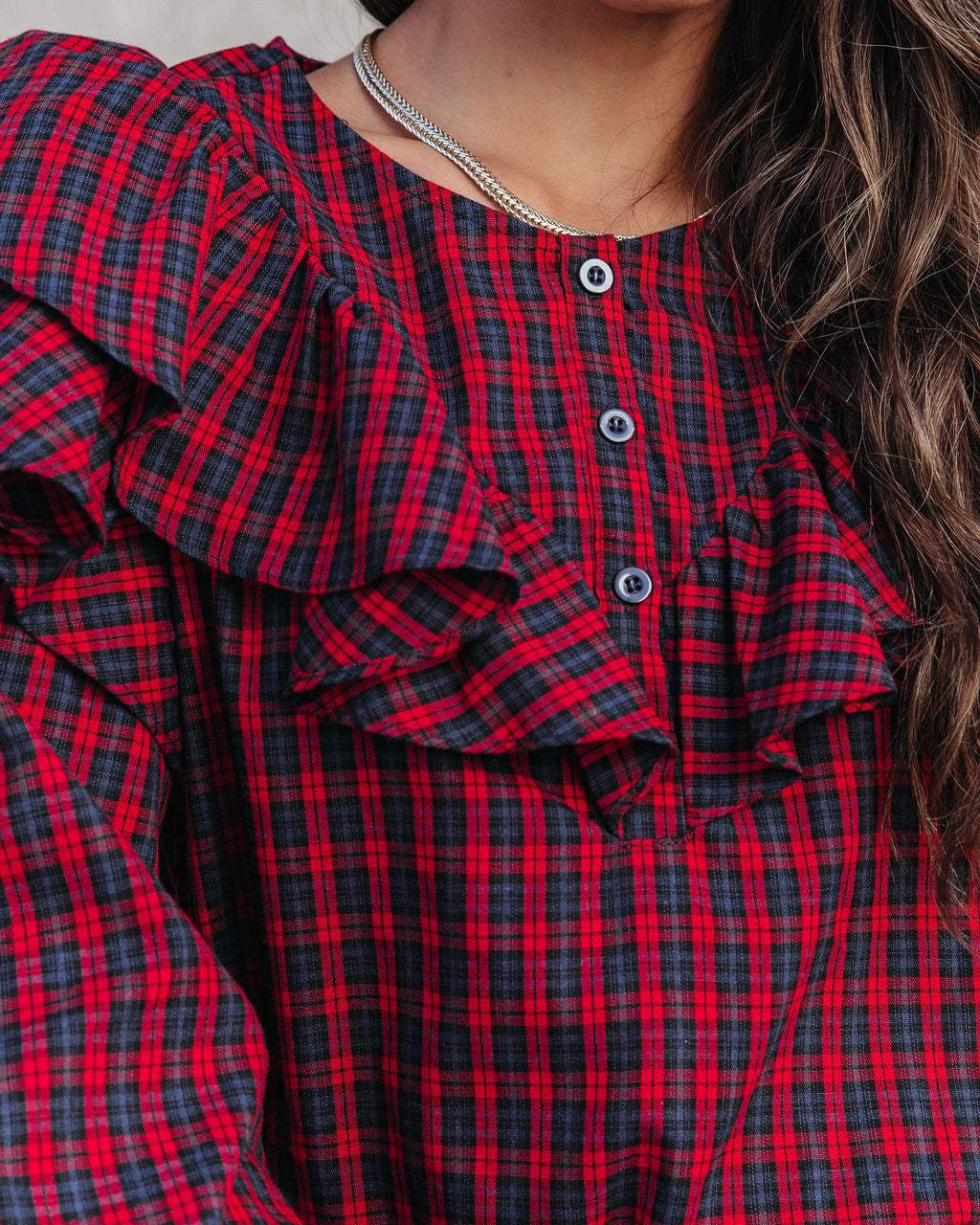 Clara Plaid Ruffle Long Sleeve Top - Red - Se7enfashion