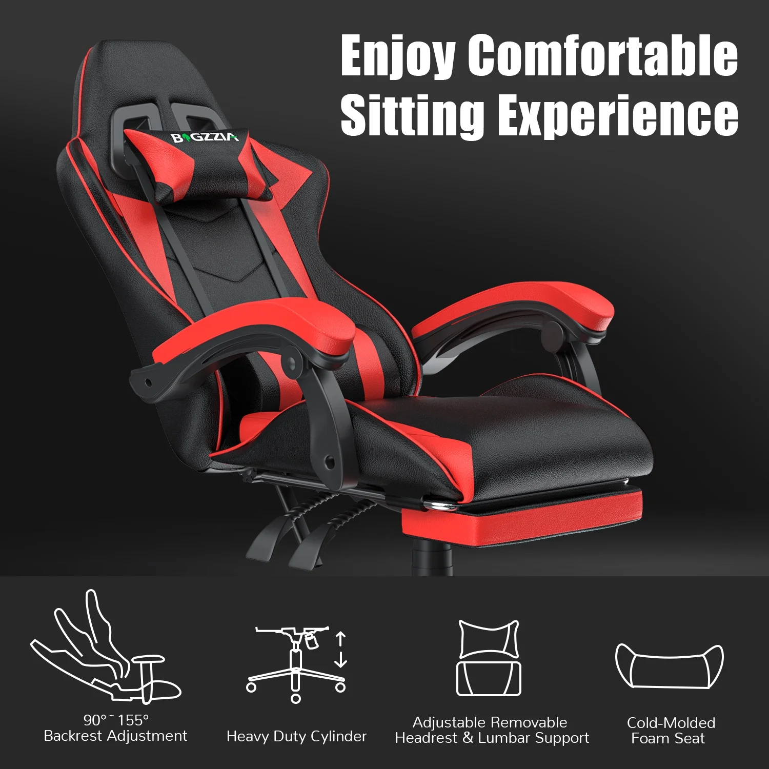 Bigzzia Gaming Chair Office Chair, Ergonomic Game Chair with Height Adjustable Headrest and Lumbar Support for Adults Teens, Black & White - Image 64