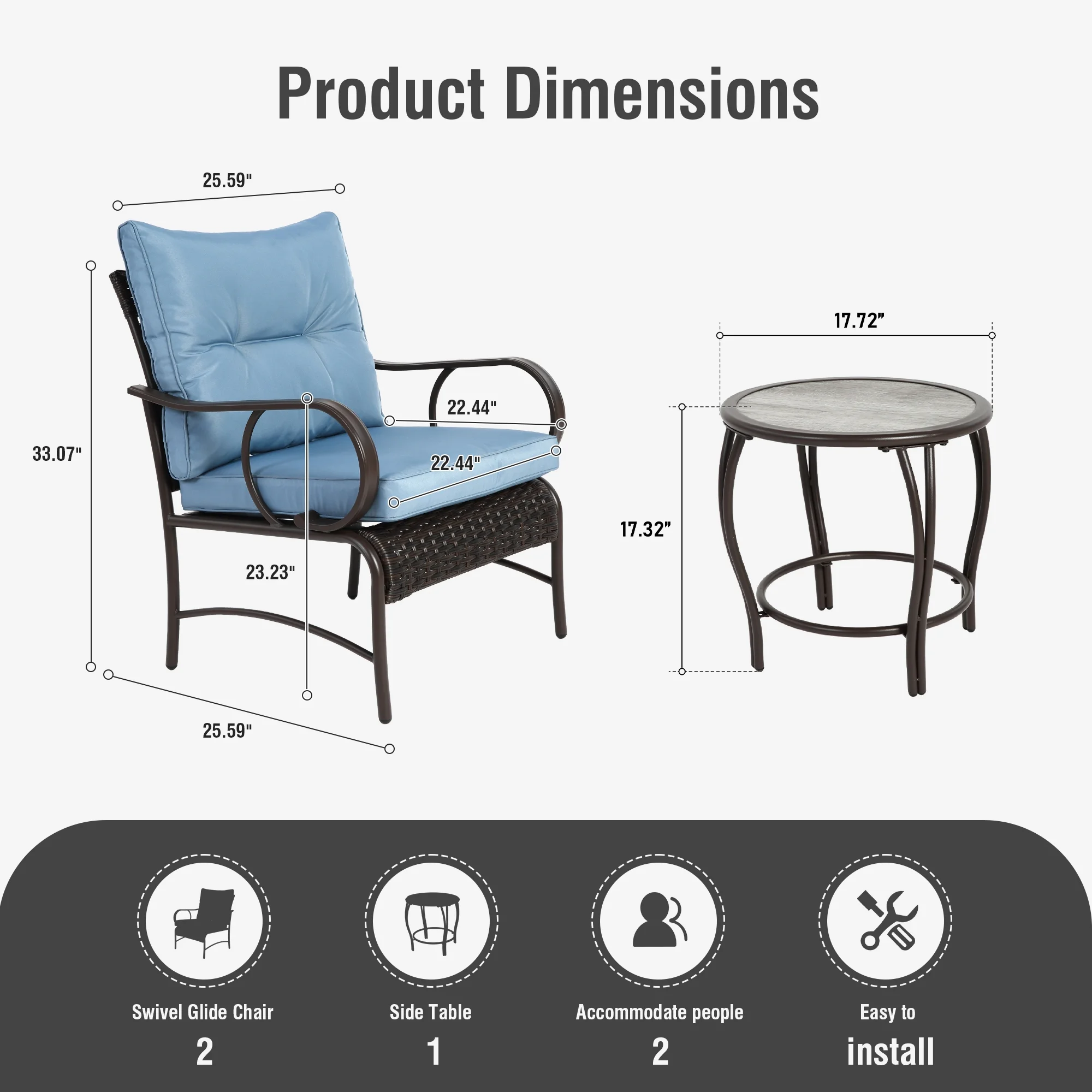 Villeston 3 Piece Outdoor Wicker Conversation Patio Set, with 2 Chairs, Table for Porch Garden,Blue - Image 9