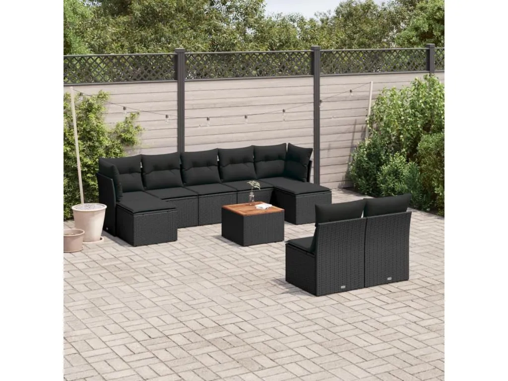 Boverdeco Set de sofás de jardín 10 pzas cojines ratán sintético negro