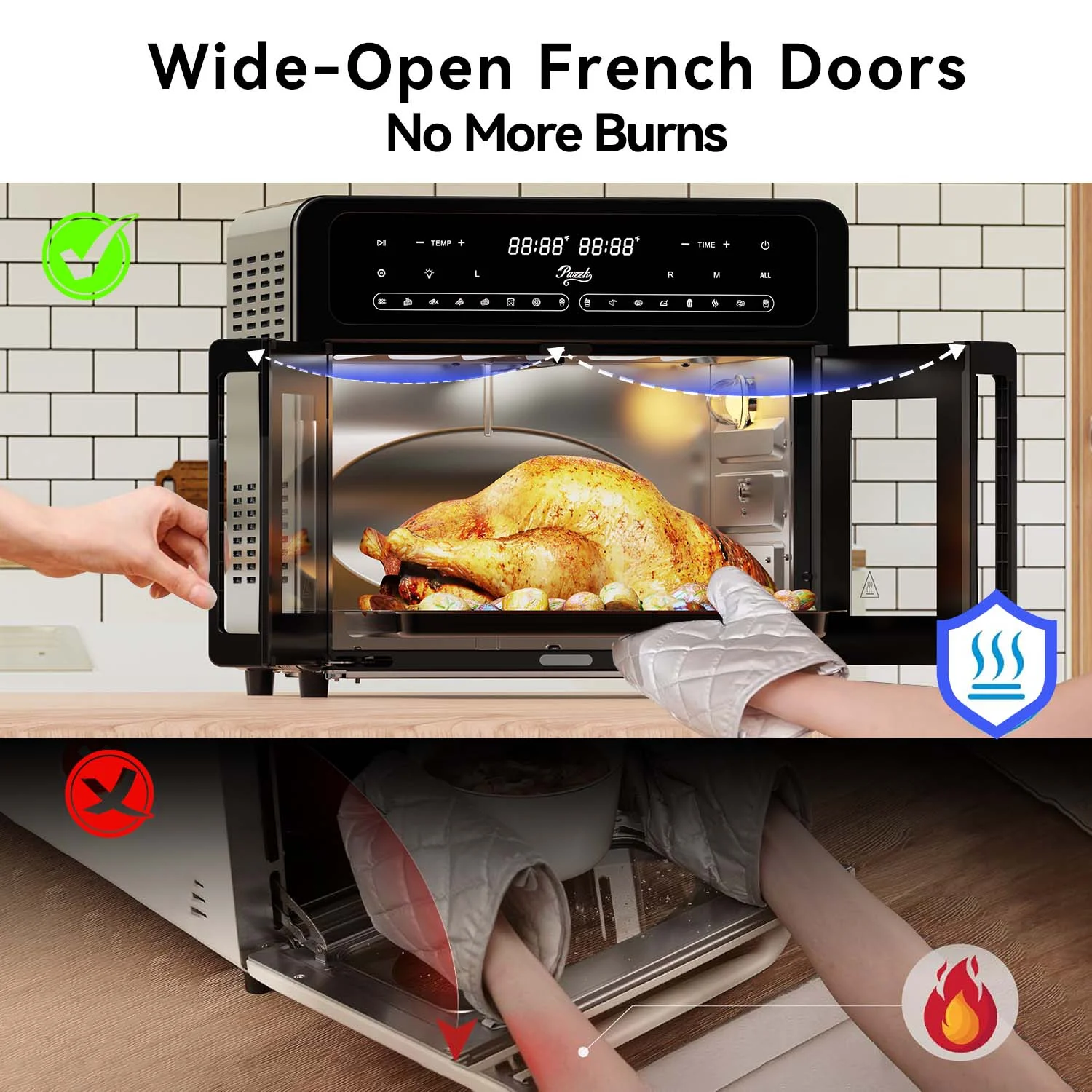PwZzk 25.4QT Dual Zone Air Fryer Toaster Oven Combo, French Glass Door, XL Capacity, 100-430-F Temperature Range, 16 Preset Functions, LED Display, Dual Fan, 360- Heat Circulation, Rotisserie, Bake, - Image 4