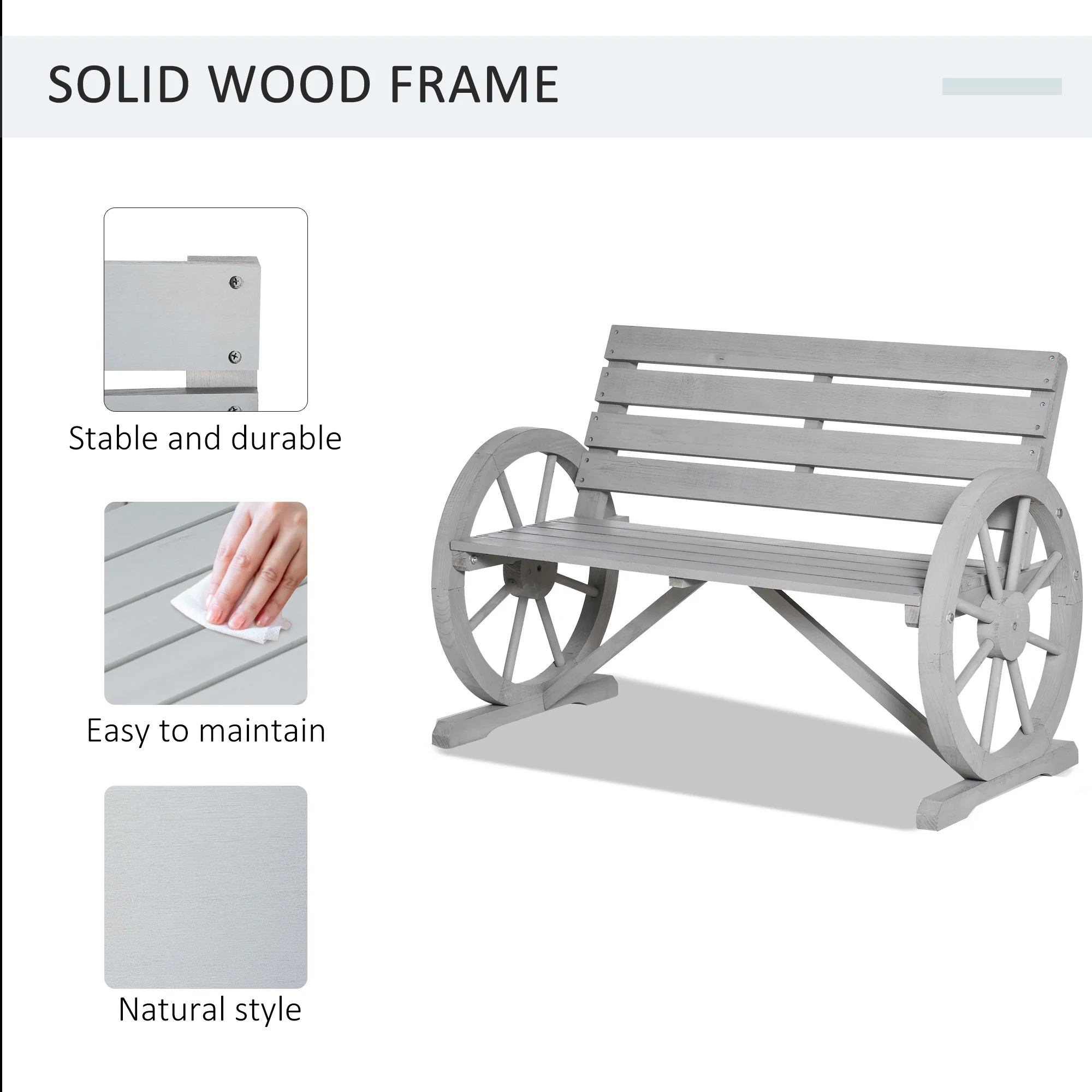 Outsunny Wooden Wagon Wheel Bench Rustic Outdoor Patio Furniture, 2-Person Seat Bench with Backrest Carbonized - Image 13